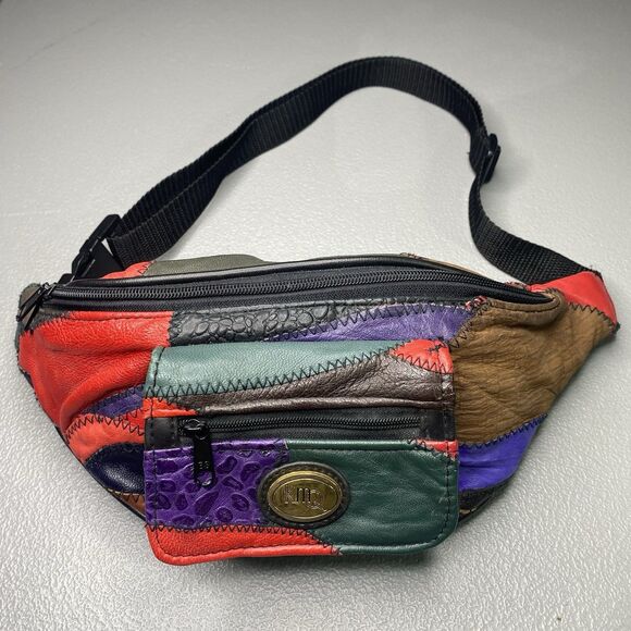 KMQ Vtg 80s Leather Fanny Pack 4 Pockets Patchwork Colorblock Colorful Bright - Picture 2 of 14